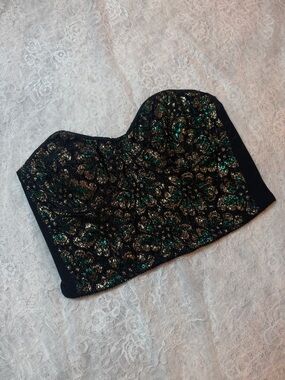 Vintage‎ La Lingerie Metallic Gold Green Black Floral Lace Bustier Corset Top